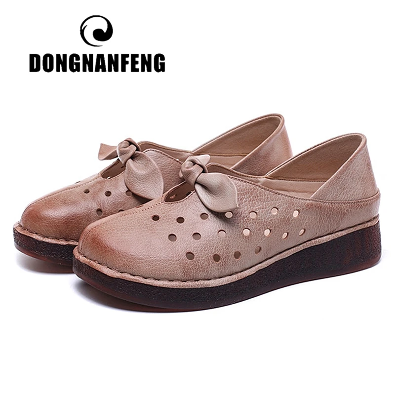 

DONGNANFENG Women Female Ladies Mother Genuine Leather Flats Shoes Sandals Summer Cool Soft Casual Beach Hollow Slip On FR-51921