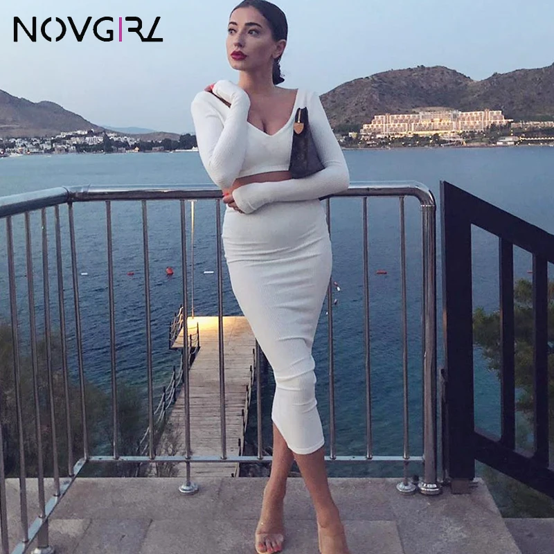 

Novgirl Sexy 2 Piece Set Knit Dress Women 2019 Winter Fashion V Neck Long Sleeve Crop Top And Long Skirts Outfit Party Vestidos