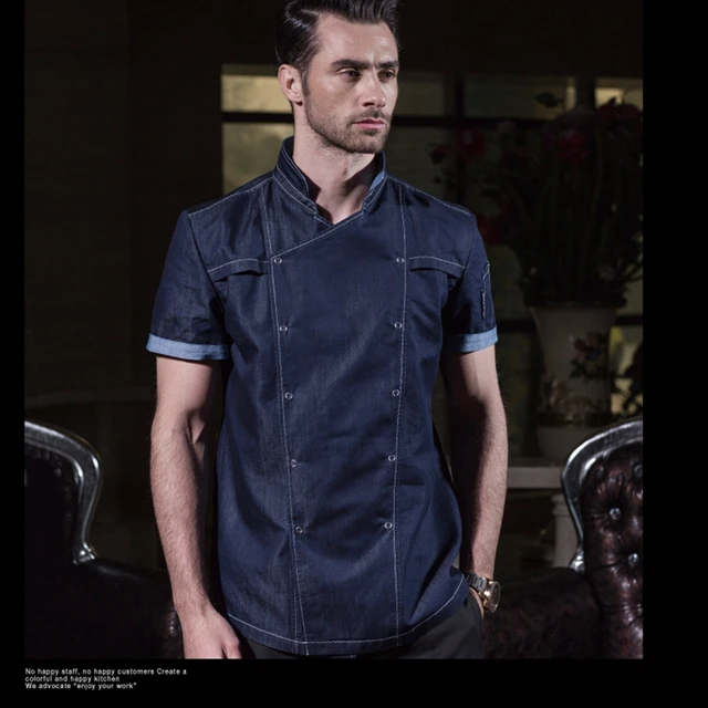 Summer short sleeve thin blue denim chef jacket quality hotel kitchen
