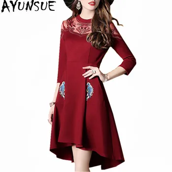 

AYUNSUE Fashion Red A-Line Autumn Winter Party Dress Women Embroidery Lace Elegant Dresses Slim Womens Clothing Vestidos WXF558