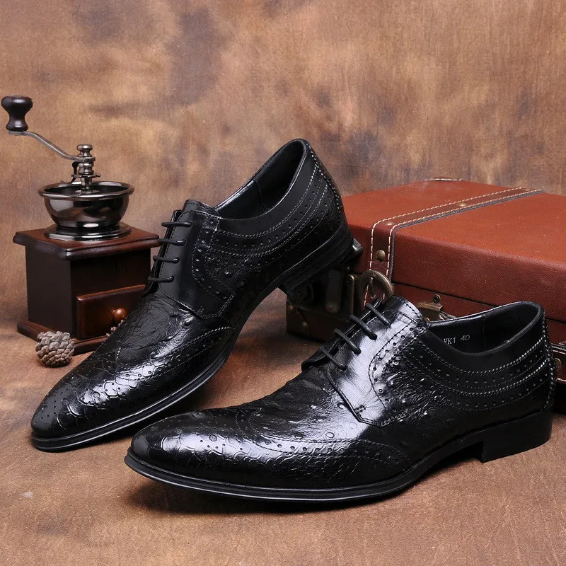 Pjcmg итальянский бренд страуса Стиль модные Пояса из натуральной кожи Для мужчин Оксфорд острый носок Повседневное Бизнес Для мужчин платье свадебные туфли