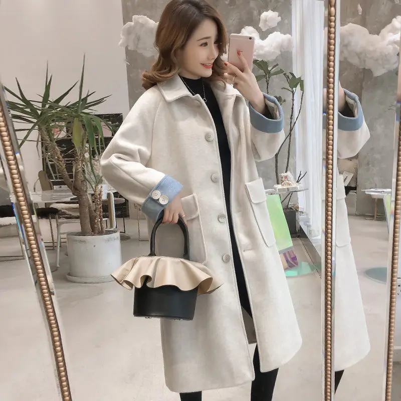 

Winter Thick Coat Wool Jacket Women Chic Single Breasted Pockets Long Korean Students Outerwear Elegant Blends Overcoat f1361