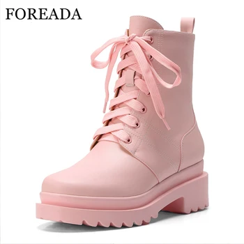 

FOREADA Natural Leather Motorcycle Boots Winter Platform Thick Heel Ankle Boots Lace Up Female Boots Autumn Shoes Pink White 41