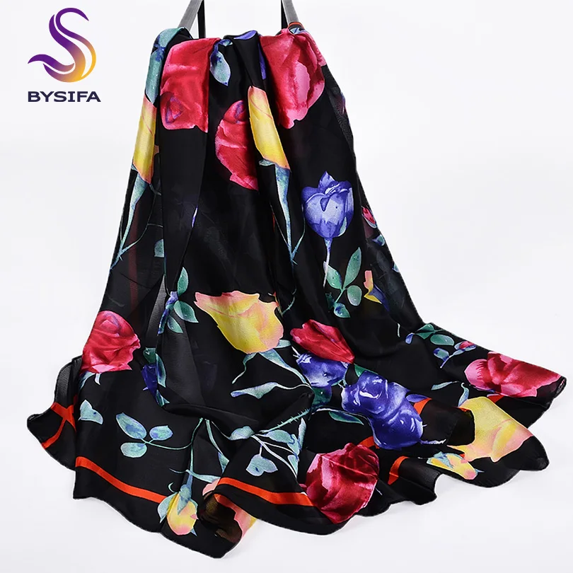 

[BYSIFA] Women's Scarf Summer Rose Silk Satin Beach Shawl Cover-ups Spring Autumn Black And White Long Silk Scarves 180*90cm