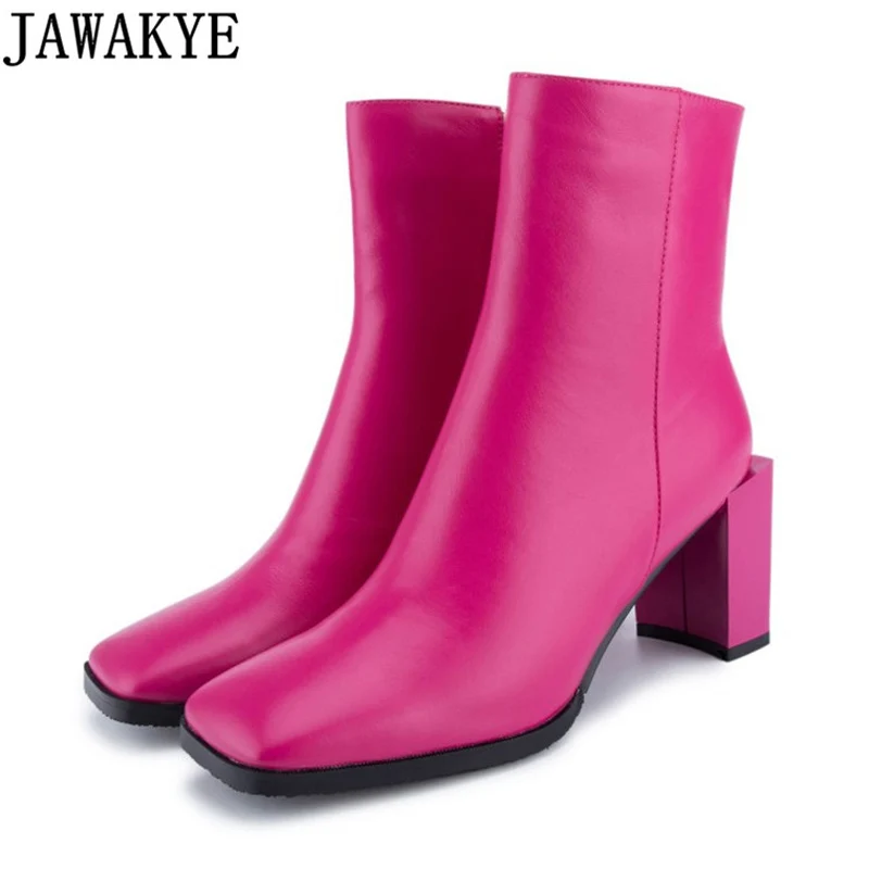 

2018 Newest rose black Short Boots genuine leather high heels square toe runway style Ankle Boots for women Autumn winter shoes
