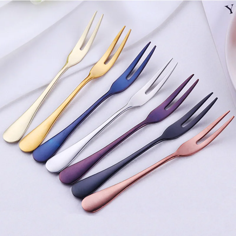 2/6Pcs Stainless Steel Two tine Fork Set Used for Cake,Salad,Colorful