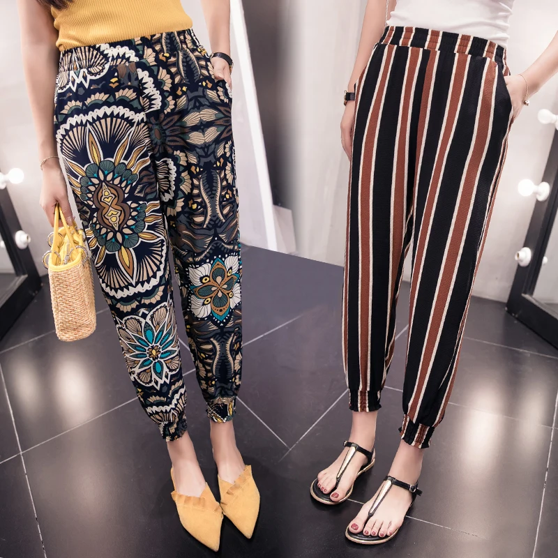 

Cool Chiffon Summer High Elastic Leg Mid Waist Strip Flower Print Pants Women Female Trousers Casual Beach Long Loose Harem Pant