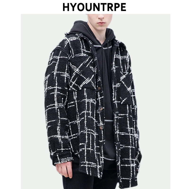 

Fashion Plaid Shirt Parkas Jackets Men Single Breasted Long Sleeve Top Hip Hop Loose Coats 2018 New Autumn Warm Outerwear Jacket