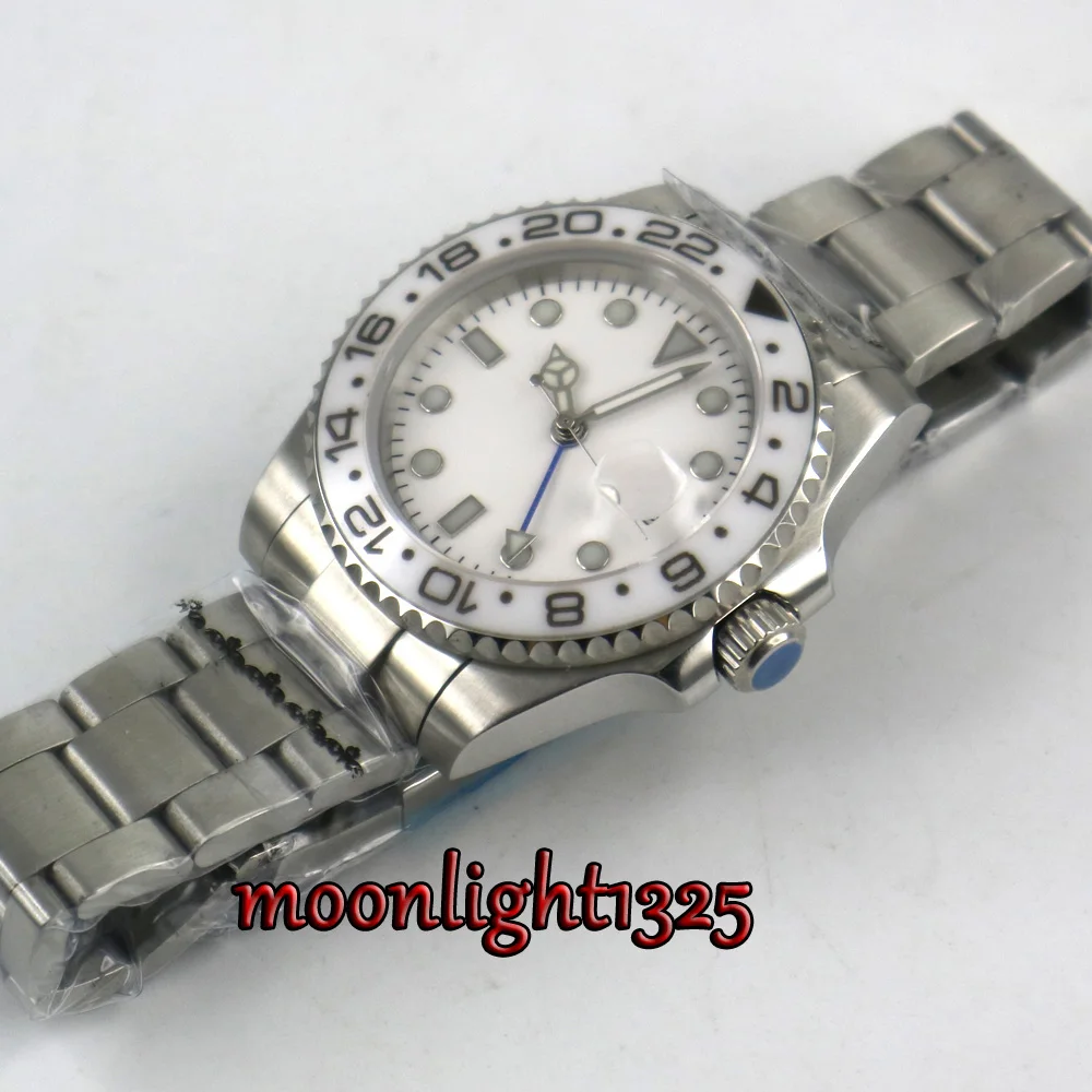 Топ 40 мм белый стерильный циферблат сапфировое стекло GMT Белый керамический Безель окно даты автоматические мужские часы
