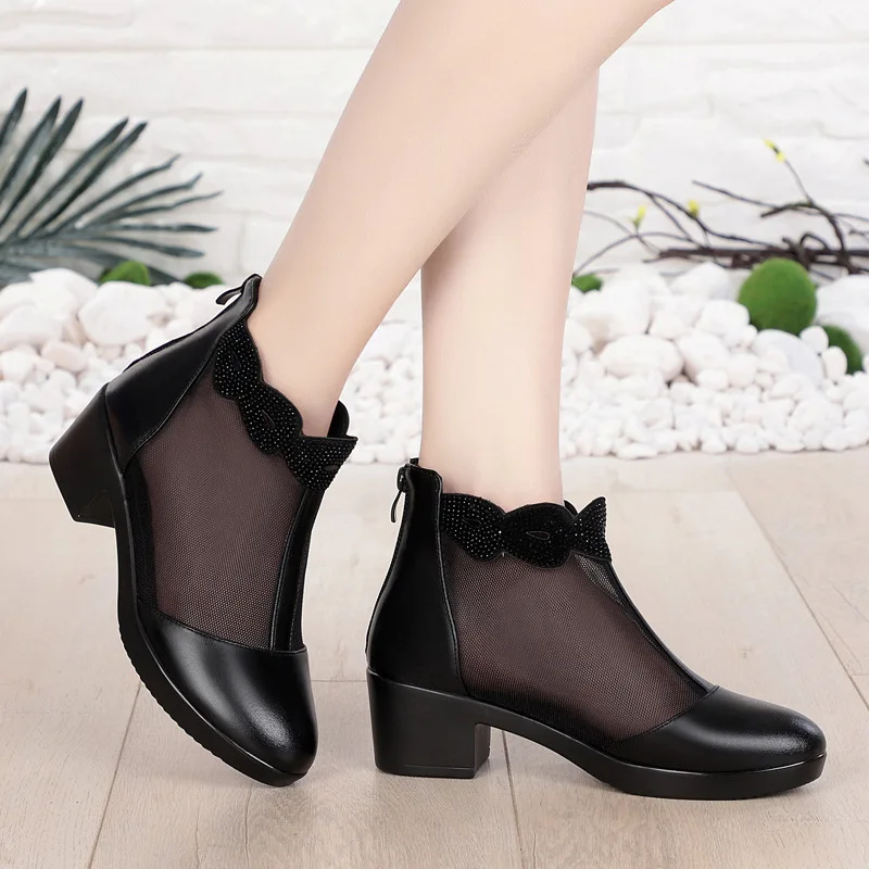 

Summer Women's Net Boots Fish Mouth Breathable Lace Peep Toe Black Ankle Boots For Women With Rhinestone