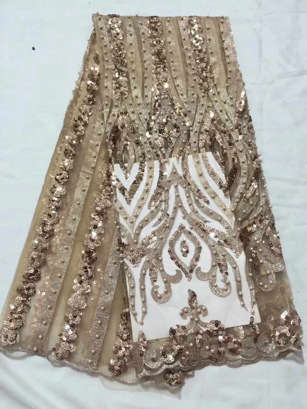 ZCD60 (5yards/pc) High quality champag African net lace latest French fabric with lots of sequins and glass beads for party | Дом и сад