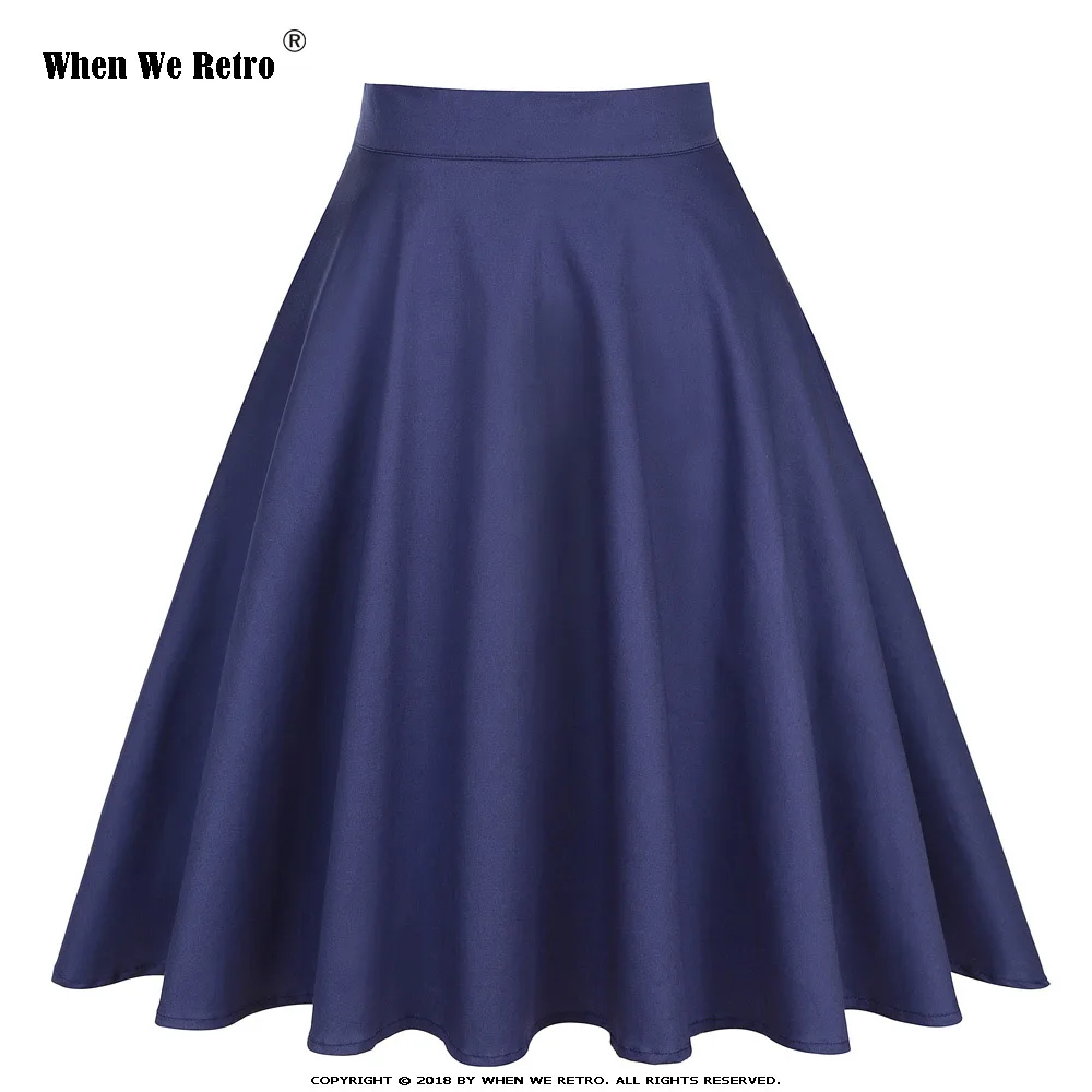 

When We Retro Fashion Midi Skirt Elastic A-line Solid Color Skirts Summer Navy Blue Skater Ladies Vintage Casual Swing Skirts