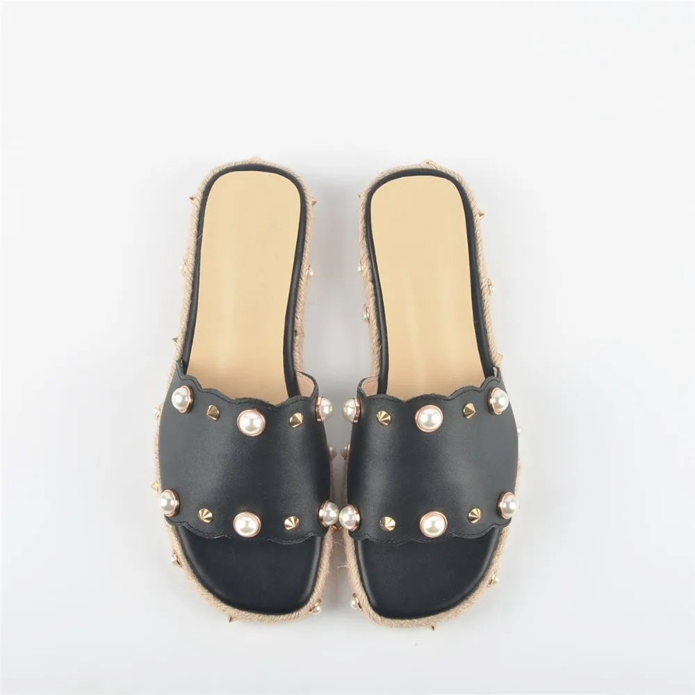 

Krazing Pot new slingback shallow woman rivets flats pearl peep toe slip on causal summer outside slippers cow leather mules 28