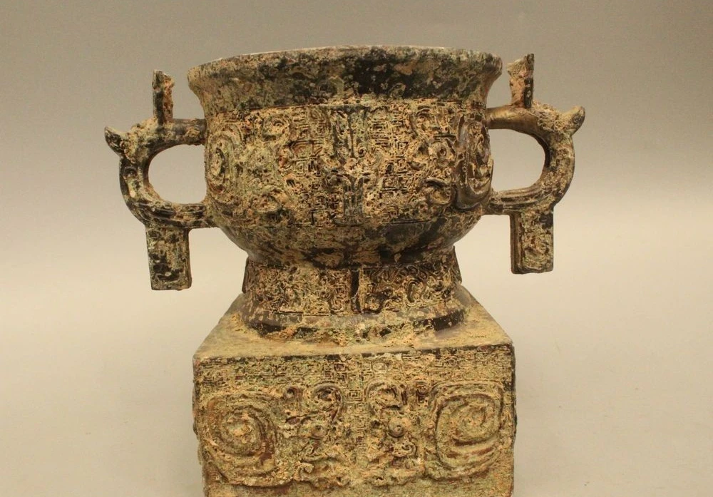 

7" Ancient China Dynasty Palace Old Bronze Round Ding wine cup Burner Censer