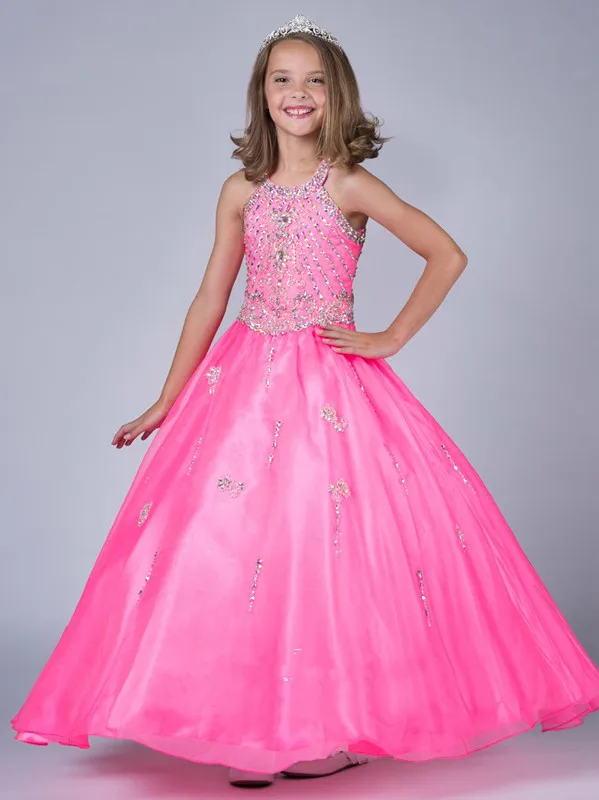 Pageant Girl Dresses Pink Halter Jewel Crystal Little Kids Tulle Ball ...