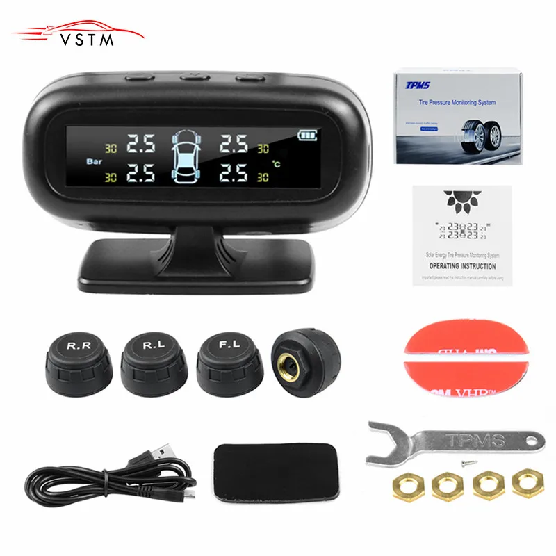 

2019 Solar TPMS Tire Pressure Monitor System Alarm 4 Internal / External Sensor Temperature Gauge Meter Car Solar Power