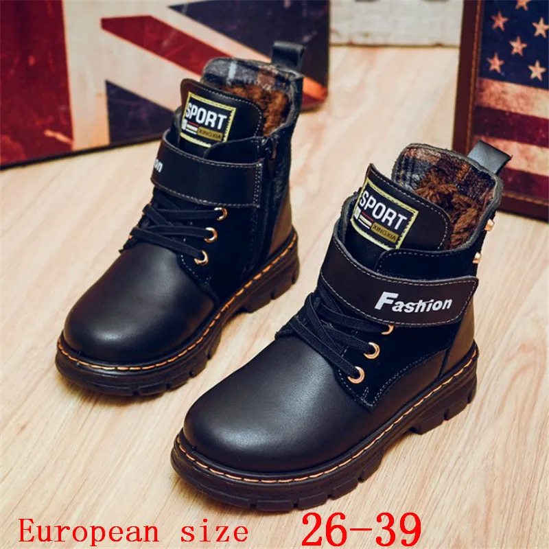 New Children Boots Autumn Winter Genuine Leather School Boy Shoes Fashion Snow Plush Warm Waterproof Kids High-top | Мать и ребенок