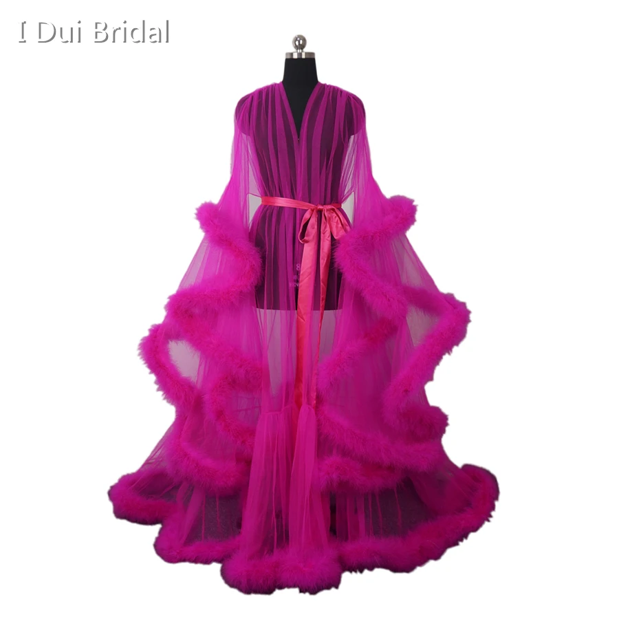 Fuchsia Feather Tulle Evening Dress Long Sleeve Robe Scarf Party Gown School Dance Dress Fuchsia Feather Tulle Evening Dress Long Sleeve Robe Scarf Party Gown School Dance Dress