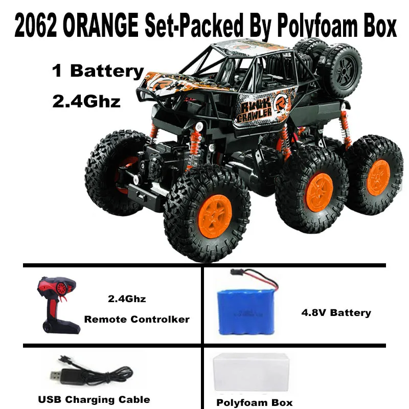 1/16 RC Car 6WD drive remote climbing car Double Motors Drive Bigfoot Cars 2.4Ghz Electric RC Toys High Speed Off-Road Vehicle - Color: 2062 orange