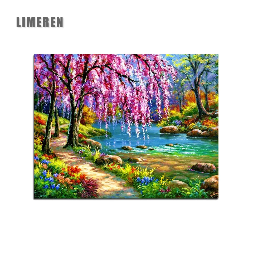 

Pink Tree Oil Painting By Numbers Home Decor Paint By Number Kits Decorative Frame Canvas Pictures for Living Room