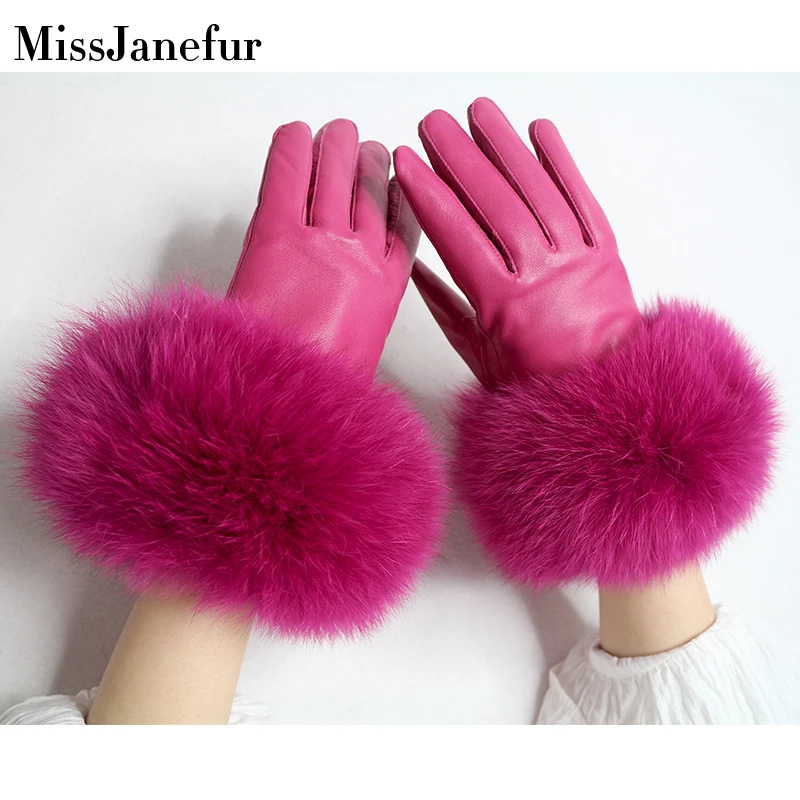 Women Finger Gloves  Raccoon Fur Cuff Sheep Leather Gloves Thicken Winter Keep Warm Female Fur Elegant Gloves Hand Gloves