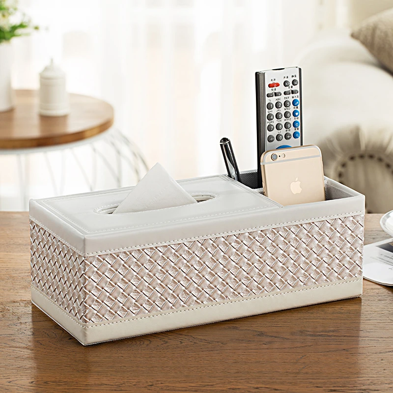 Weave Leather Multifunction Tissue Box Pen Remote Storage home desk