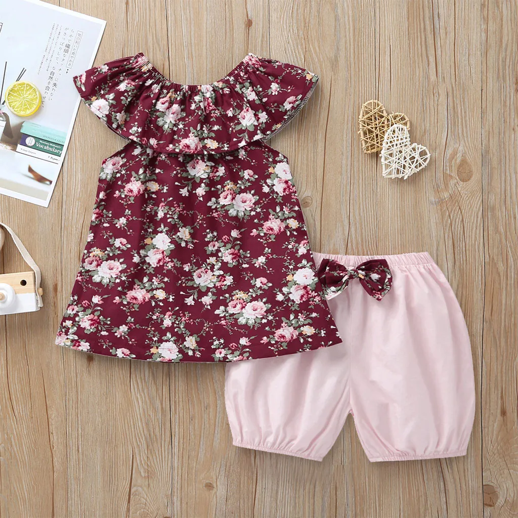 

Toddler Kids Girl Floral Sleeveless Tops+Bow Shorts Pants Outfits Clothes Set meisjes kleding girls summer clothes roupa menina