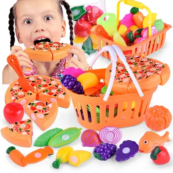 

Kid 24pcs Mini Simulation DIY Kitchen Cutting Pizza Fruit Vegetable Food Fish Tool Knives Chopping Board Basket Pretend Play Toy