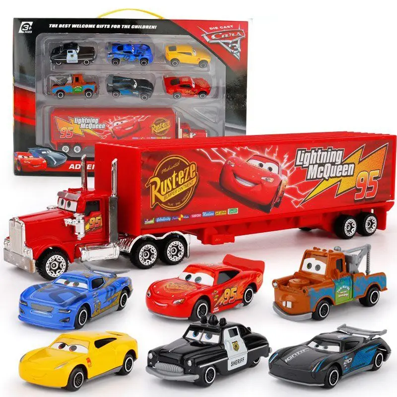 

Disney Pixar Cars 3 7pcs/Set Lightning Mcqueen Jackson Storm Cruz Mater Mack Uncle Truck 1:55 Diecast Metal Model Car For Kids