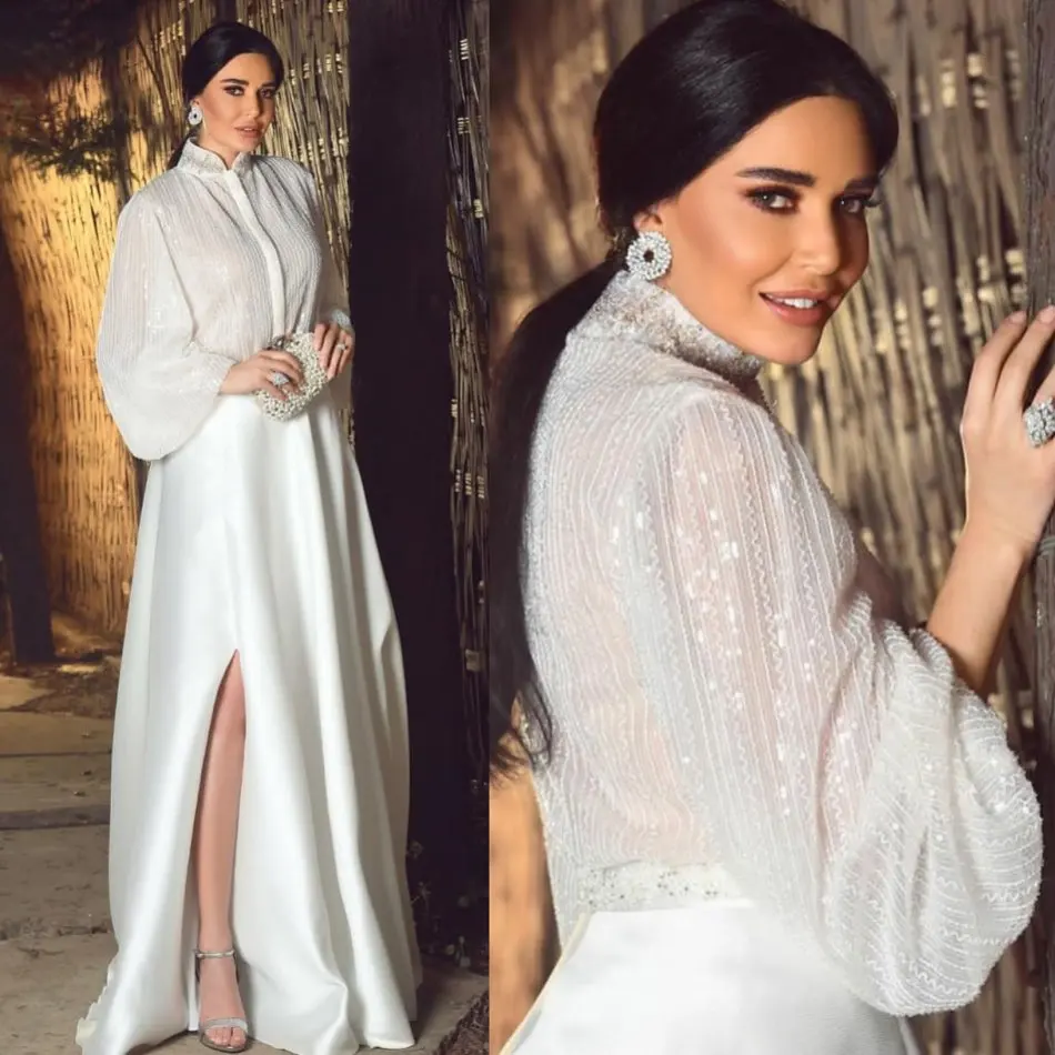 

High Neck Saudi Arabia Long Sleeve Evening Dresses with Sequins Side Split Plus Size Prom Party Gowns