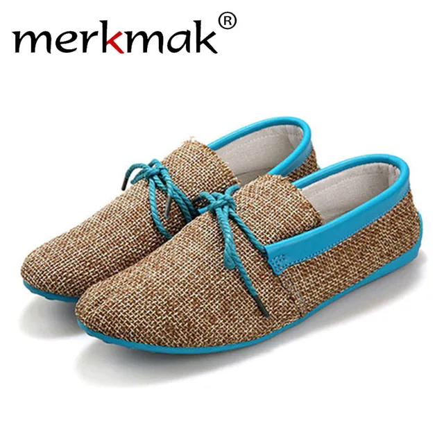 US $13.53 Merkmak Trendy Casual Men Beach Loafer Shoes Breathable Summer Weaving Hemp Man Flats Soft Driving 
