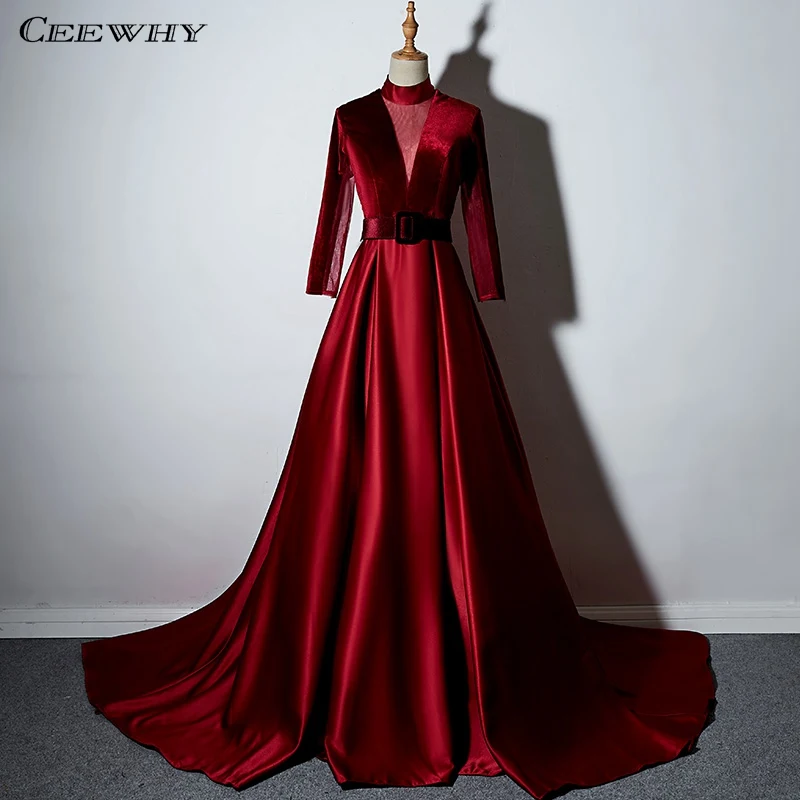 

CEEWHY High Neck Vintage Lebanon Dudai Evening Dress Long Sleeve Burgundy Satin Long Prom Dresses Vestido de Festa Longo
