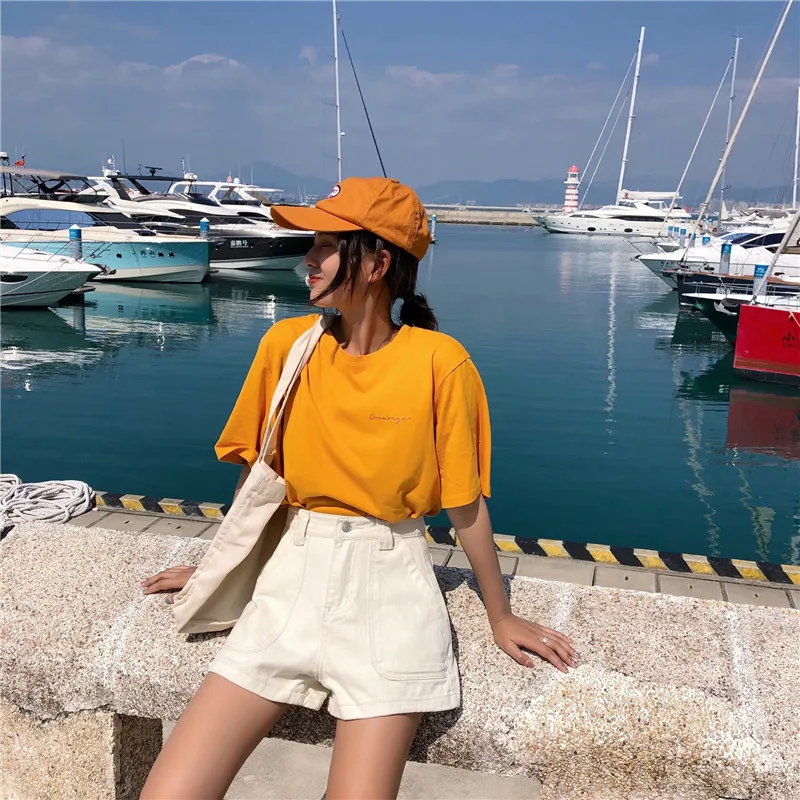 S XL 3 цвета Лето 2019 г. корейский стиль Высокая Талия Короткие джинсы линии широкие