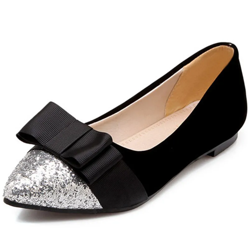 

flat Ballet Flats Pointed Toe Rubber Sequined Cloth Bling PU women Casual Lace-Up Flock Butterfly-knot Slip-On ballet shoes