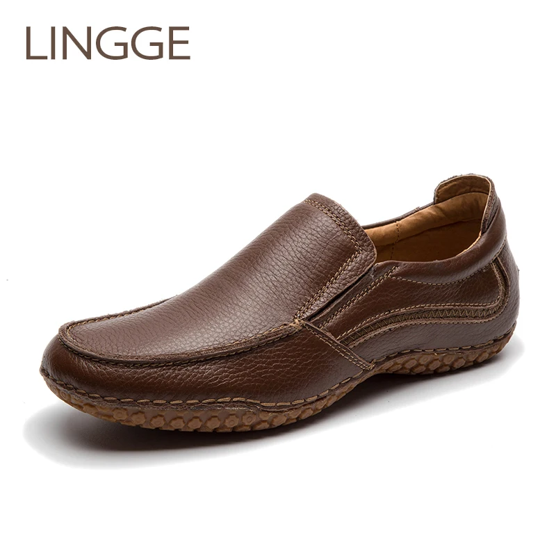 

LINGGE Brand Men's Shoes Rubber Non-Slip Casual Shoes Genuine Leather Handmade Men Shoe Vintage Slip-On Loafers Shoe