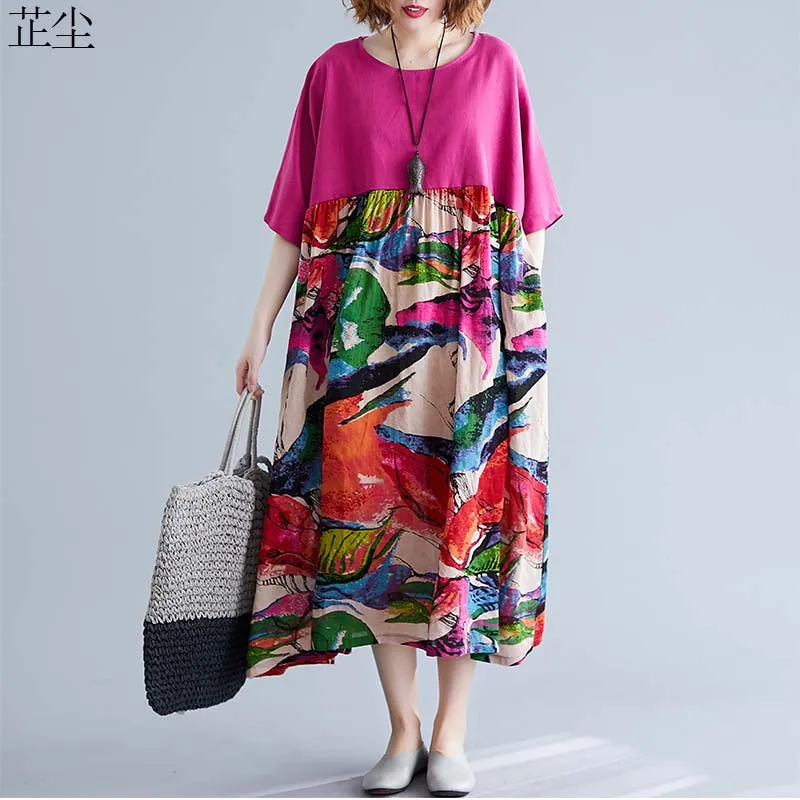 

2019 Summer Plus Size 4XL 5XL 6XL Boho Dresses For Women Art Ethnic Style Floral Printed Stitching Larges Size Cotton Maxi Dress