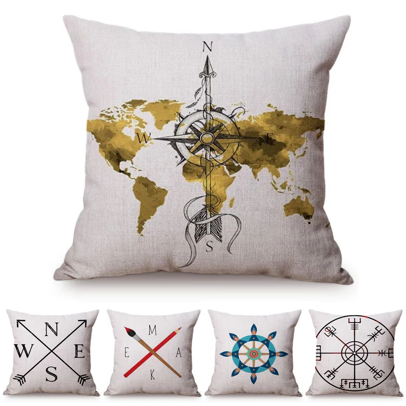 

Navigation Sailboat Arrow Navy Sea Map Style Pillow Case Cotton Linen Marine Compass Decorative Pillow Cover Cushion Cover