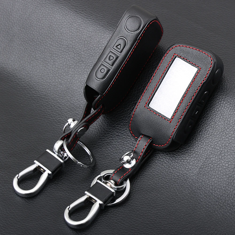 

Thie2e New A93 Leather Case For Starline A93 A63 Car alarm Remote Controller LCD Keychain Cover