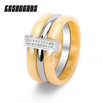 

9mm Wide Stainless Steel And Ceramic Ring With Shining Crystal CZ Stone Fashion Jewelry For Women Girls Yellow Green Black White