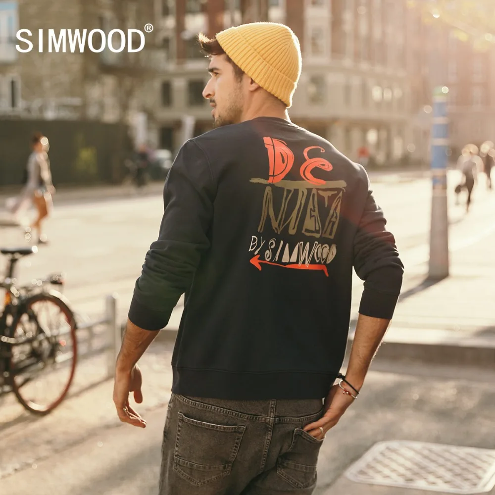 

SIMWOOD 2019 autumn Winter New Hoodies Men Fashion Funny Fashion Letter Print 100% Cotton Sweatshirts O-Neck Plus Size 180419