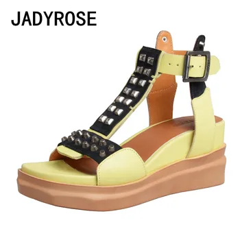 

Yellow Leather Mixed Black Women Platform Sandals Fashion Studded Casual Beach Summer Shoes Bohemian LadiesWedge Sandalias Mujer