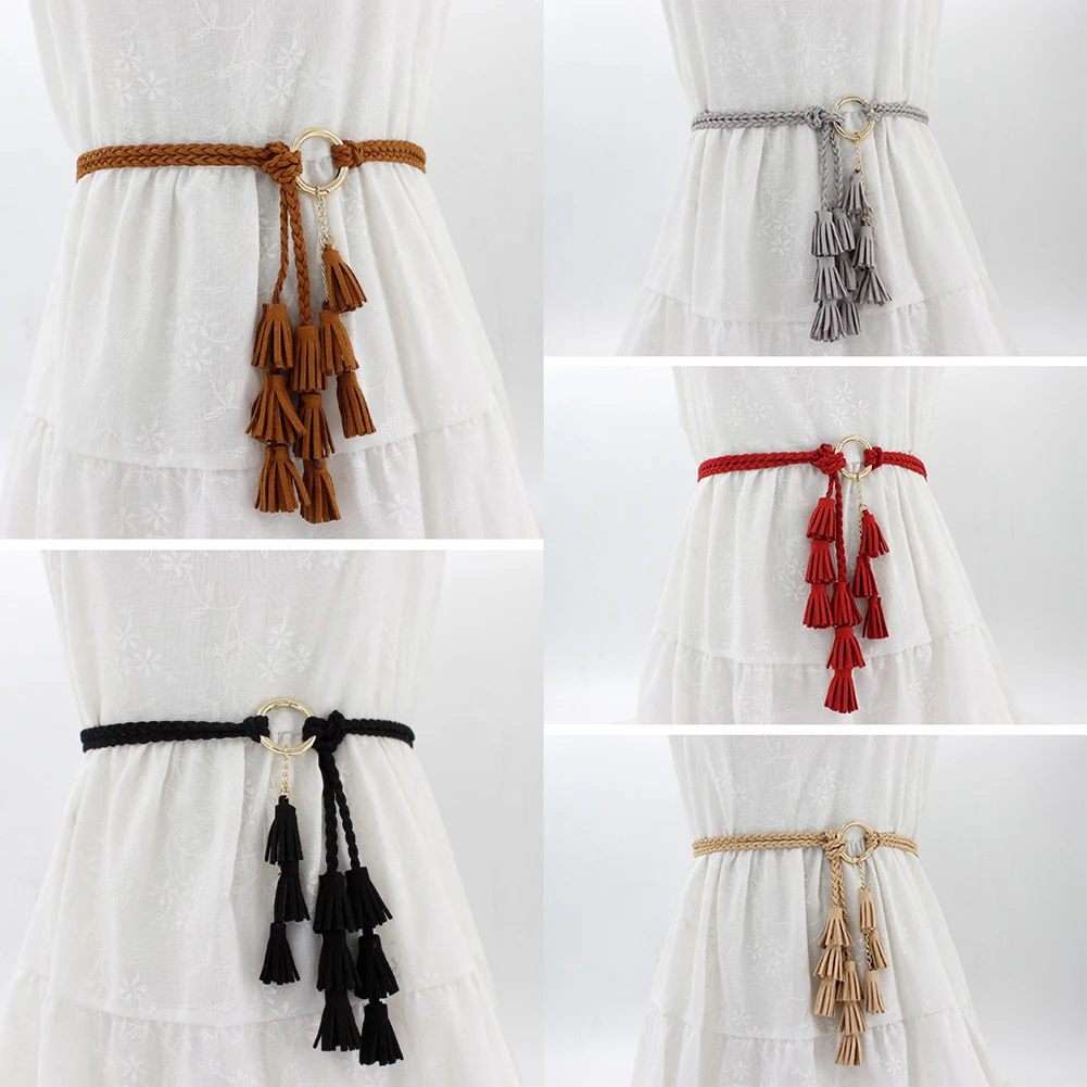 

1PC Fashion Braided Tassel Waistband Thin Waist Rope Knotted Weaving Knit Belt Dress Blouse Accessories Harajuke Belts Red Black