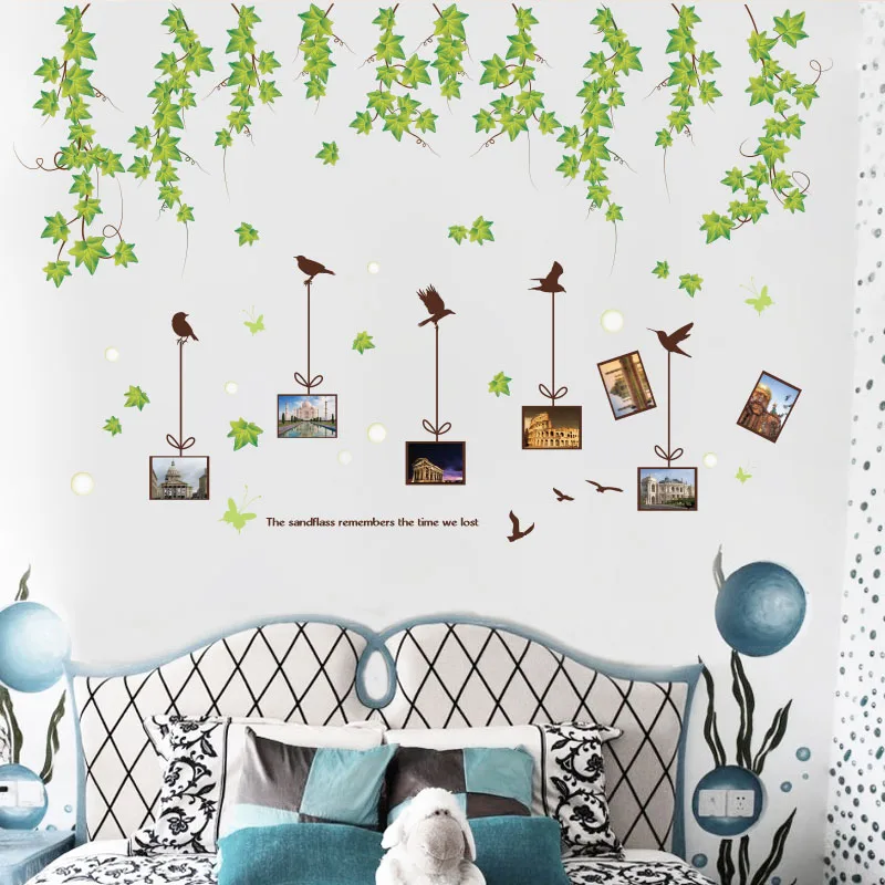 

[Fundecor] Fresh green DIY Rattan frame home art decor wall stickers fly Birds flower vine decals Design bedroom Self adhesive