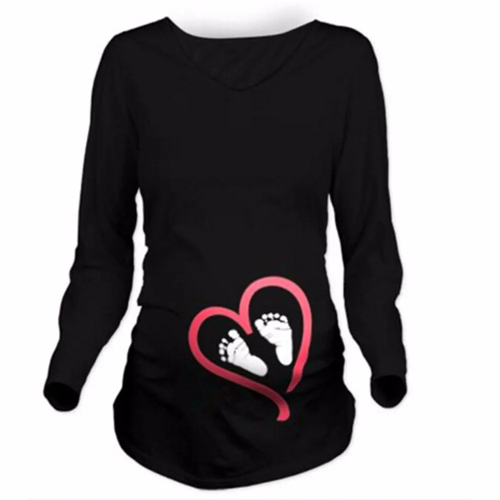 Maternity Pregnancy Clothes Maternity Cute Baby Foot Print Tee Sweater Hoodie Long Sleeve T Shirt Funny Pregnant Women Clothing