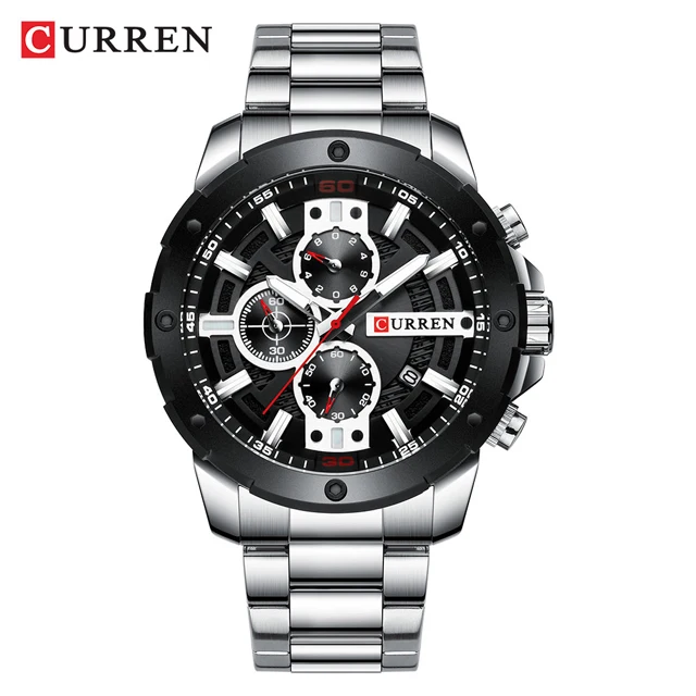 Curren Мужские часы Топ бренд класса люкс водонепроницаемые Модные кварцевые мужские наручные часы из нержавеющей стали мужские часы с хронографом - Цвет: silver black