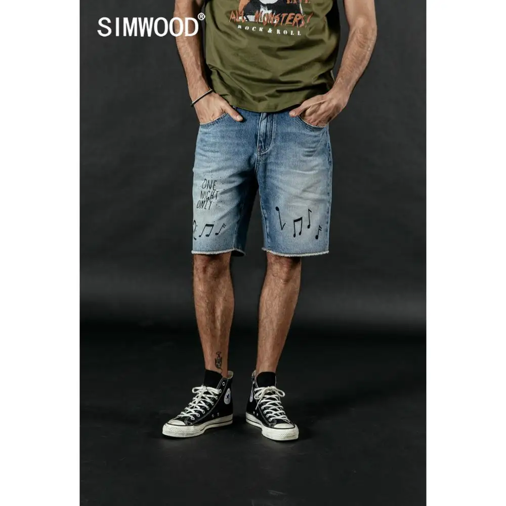 

SIMWOOD 2019 summer new hip hop shorts men fashion hip hop letter print musical note 100% cotton denim shorts