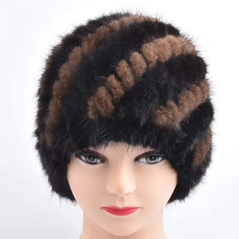 

Women's Knitted Mink Fur Hat Hand Woven Winter Fur Cap Floral Mink Fur Hat For Lady Hat Real Fur