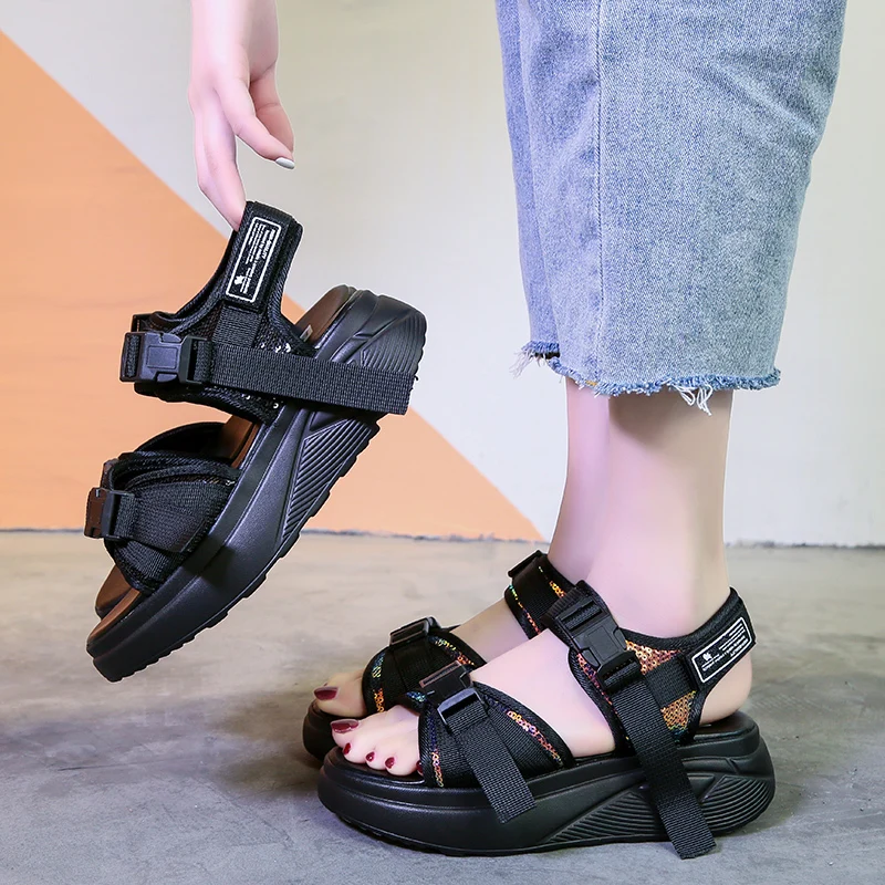 

sandalias mujer woman New Platform Sandals Female Summer sequins 2019 black simple sport shoes walk Sponge soles zapatos mujer