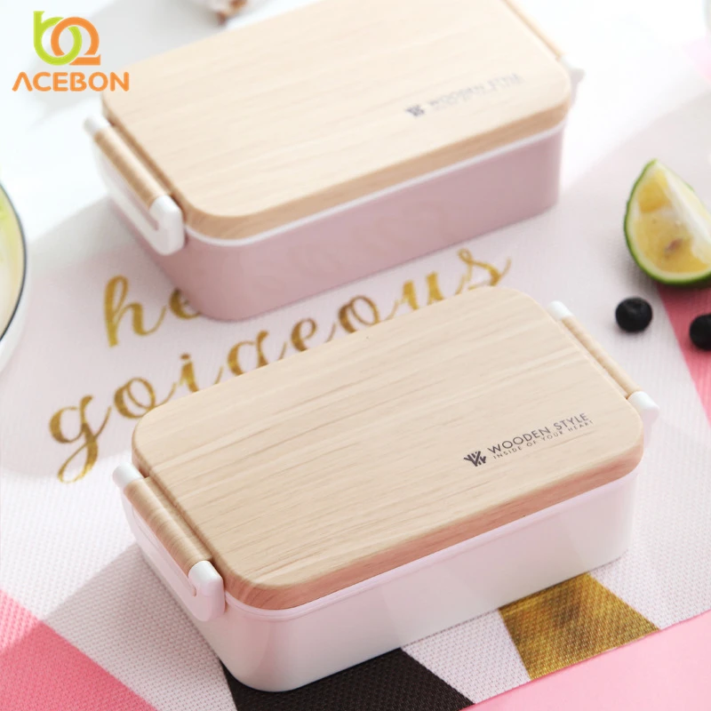 

ACEBON Portable Health Material Lunch Box 450ML Woody Rectangle Lunch Box Microwave Tableware Food Storage Container Lunch Box