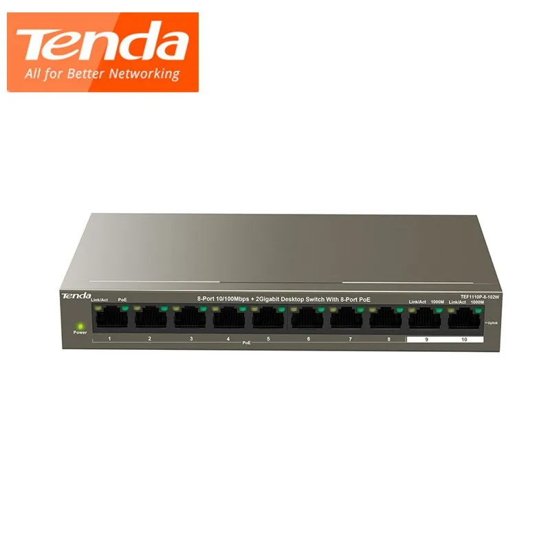 Tenda TEF1110P 8 102W сетевой коммутатор портовый 10/100 Мбит/с POE + 2 гигабитный настольный 250